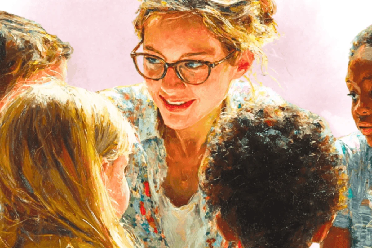 Illustration of a certified teacher engaging a small circle of diverse students