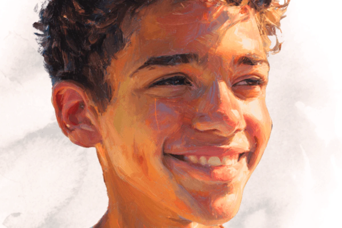 Painted portrait of a smiling young student in warm, sunlit tones