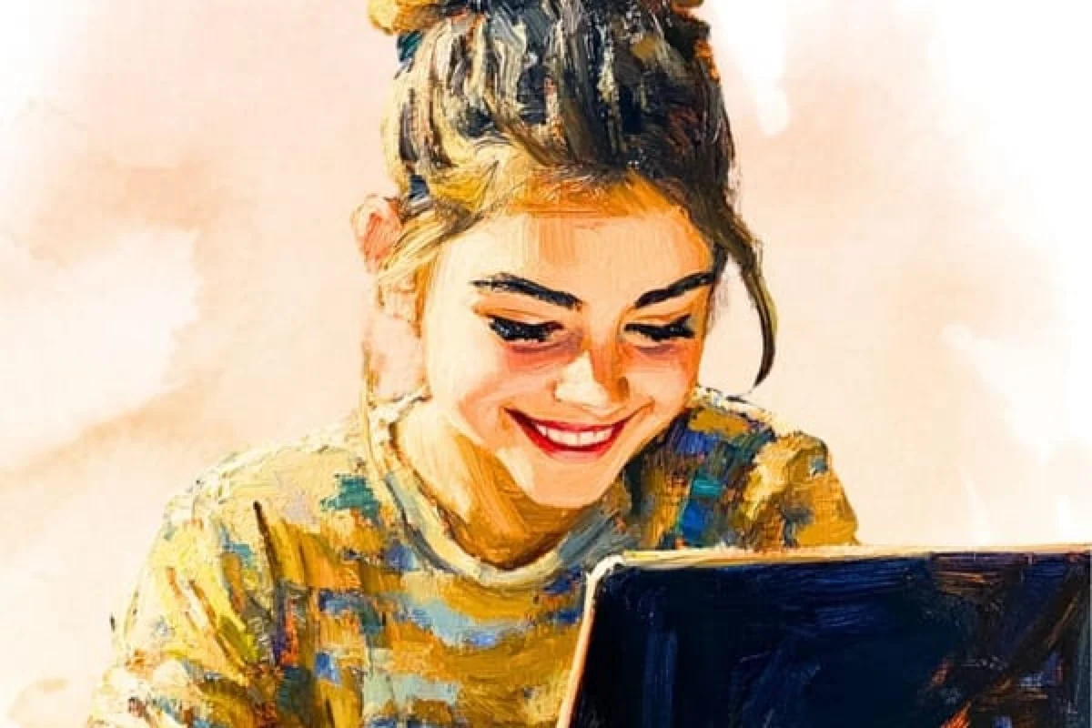 Illustration of a happy student focused on learning at a laptop