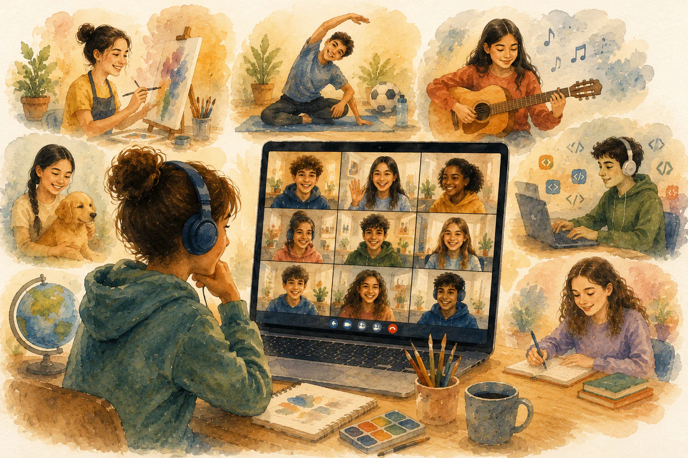 Watercolor illustration of a cozy desk with a laptop showing smiling students in an online session, surrounded by art supplies, a globe, music notes, a soccer ball, books, yarn, and a small pet — hints of different electives and clubs.