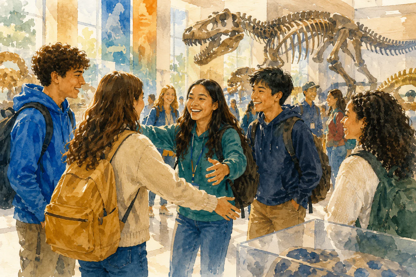 Watercolor illustration of middle and high school students meeting in person during a museum field trip.