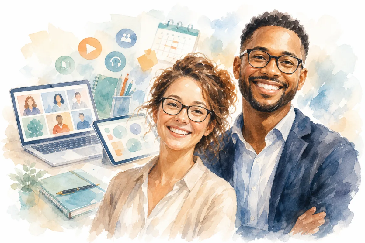 Two smiling teachers with virtual class materials and learning tools behind them