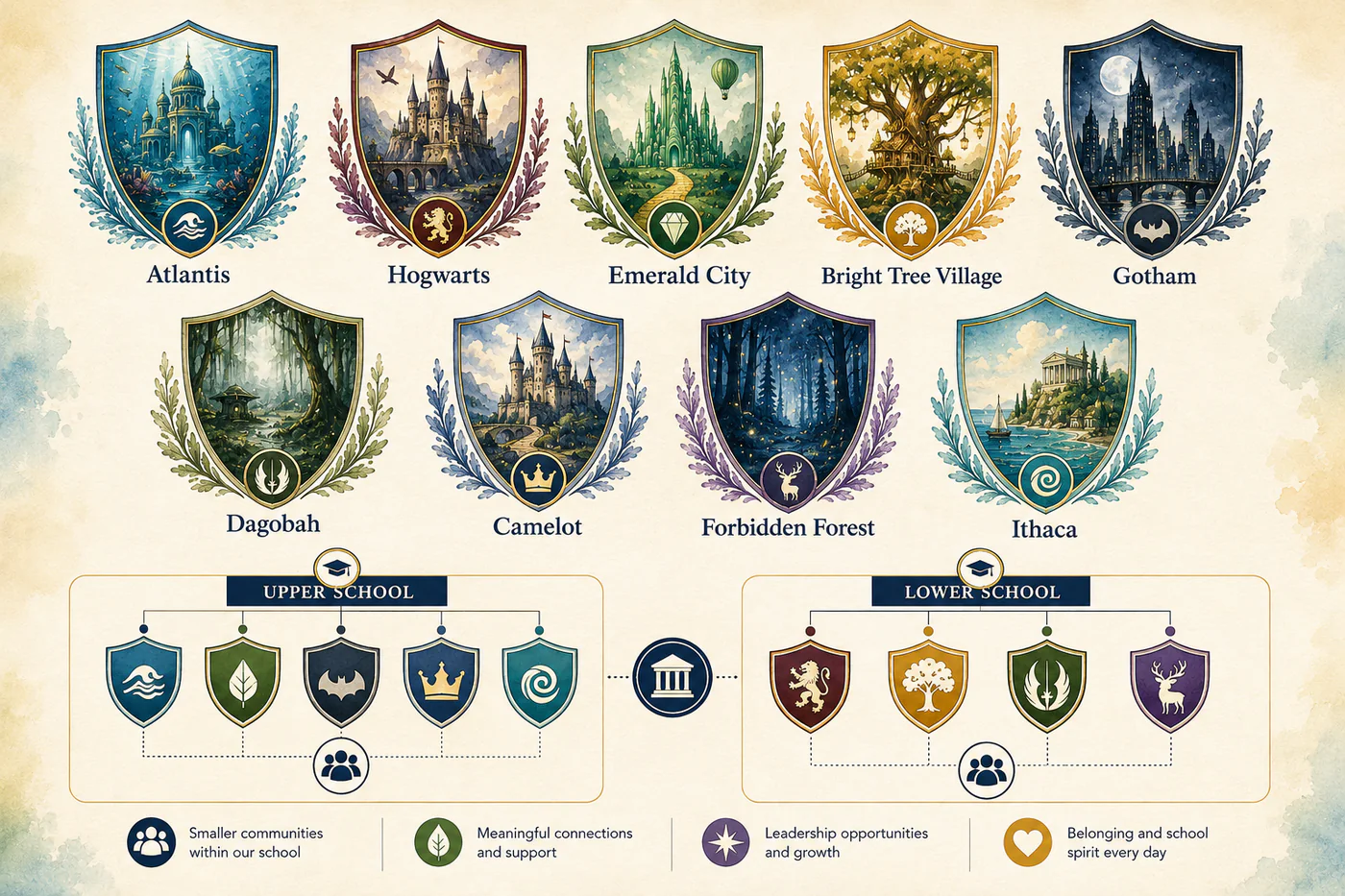 Overview of the Brilliant Microschools House system showing all nine House crests organized into Upper and Lower School groupings.