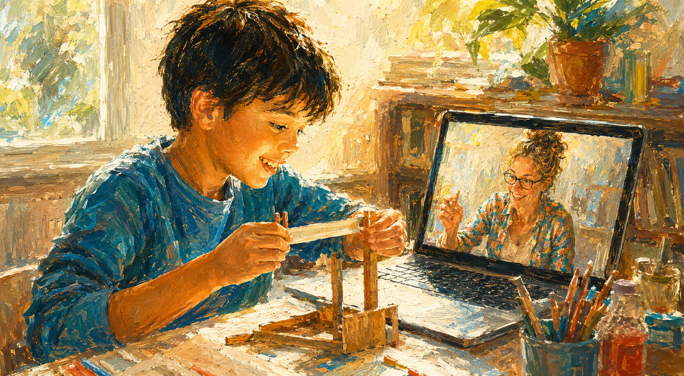 Painterly illustration of a student building a small wooden project while a teacher guides remotely from a laptop screen.