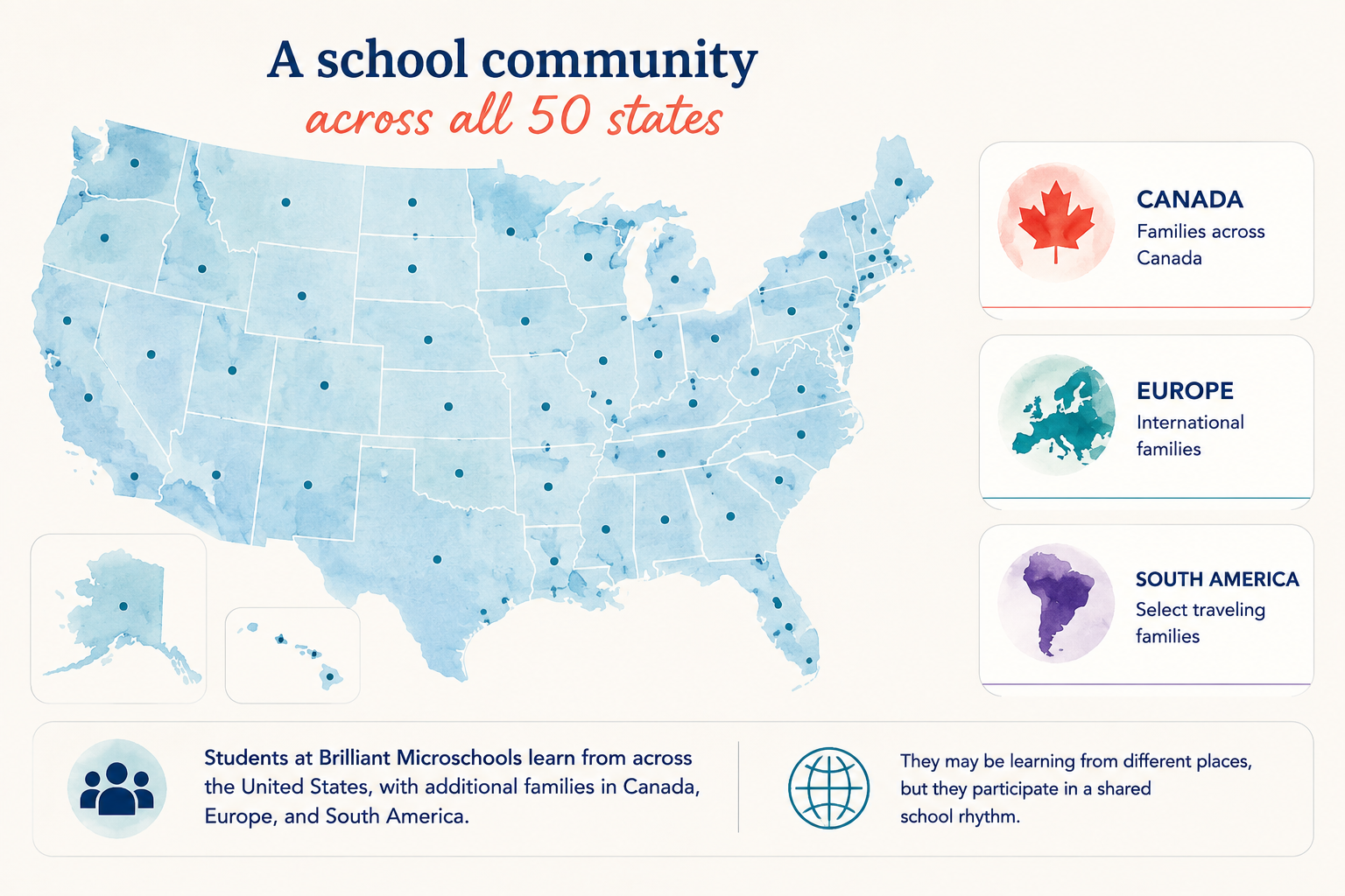 Illustrated map showing Brilliant Microschools students across all 50 states, with families also in Canada, Europe, and South America.
