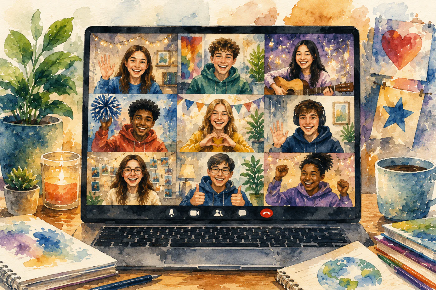 Watercolor illustration of middle and high school students joining an online schoolwide event.