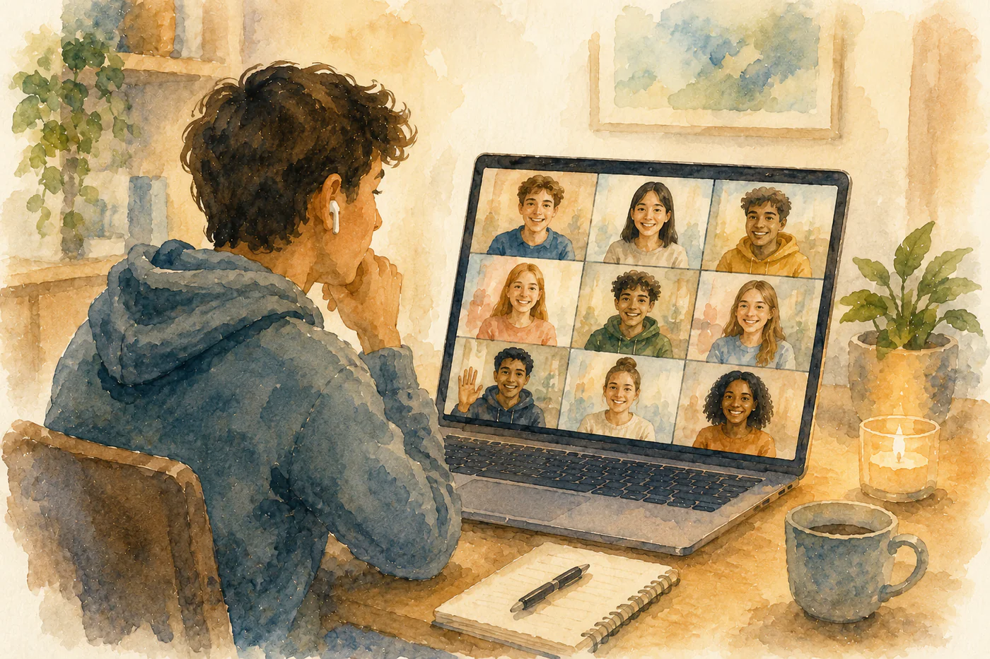 Watercolor illustration of a student joining a small weekly Zoom meetup from home.
