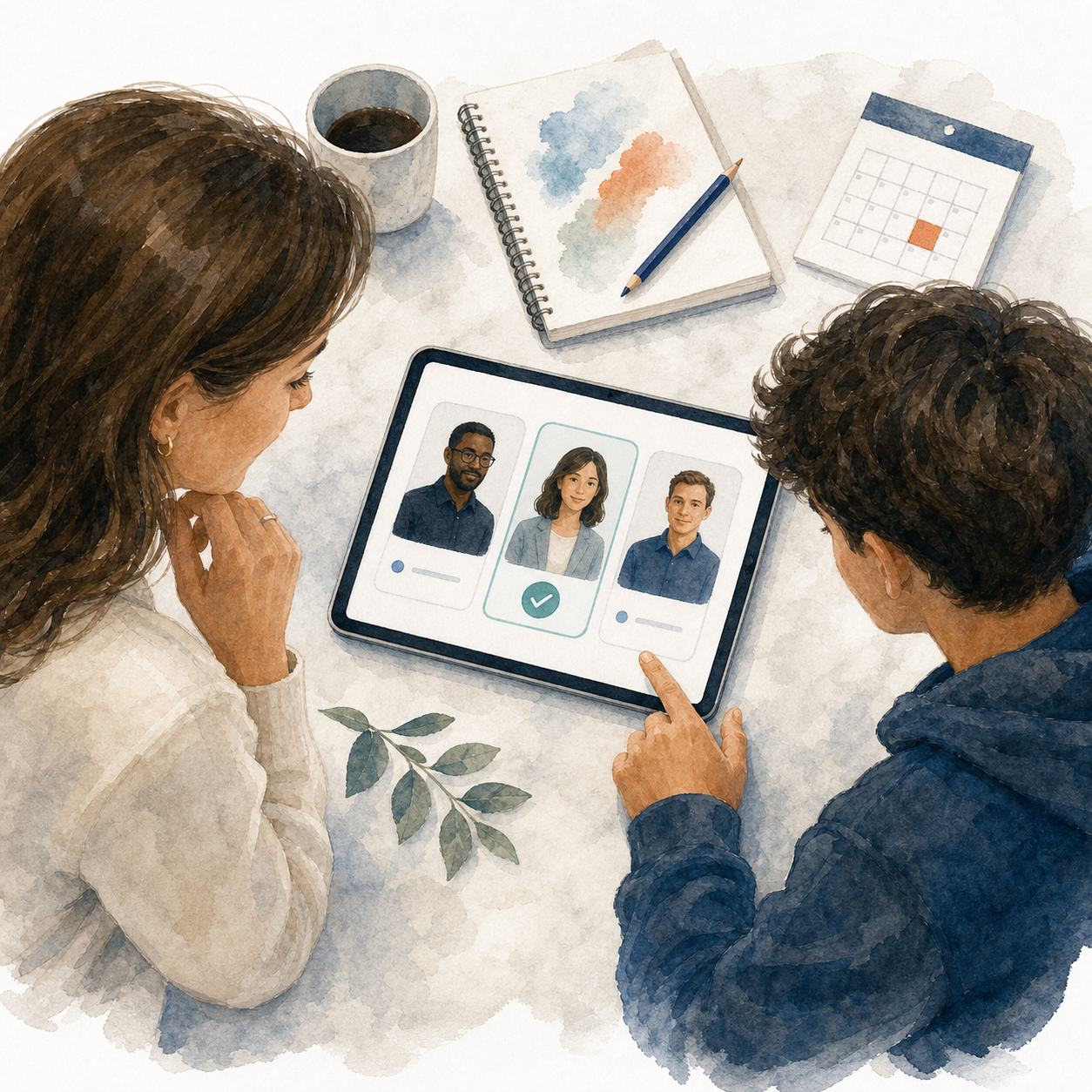 Watercolor illustration of a family choosing a certified online teacher
