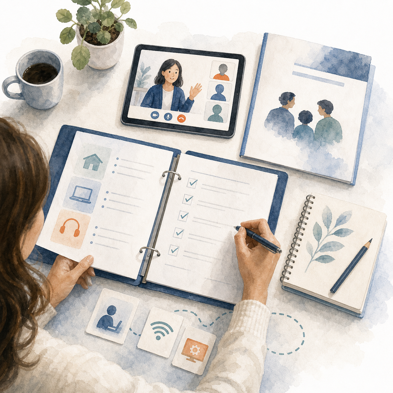 Watercolor illustration of a free online student assessment conversation