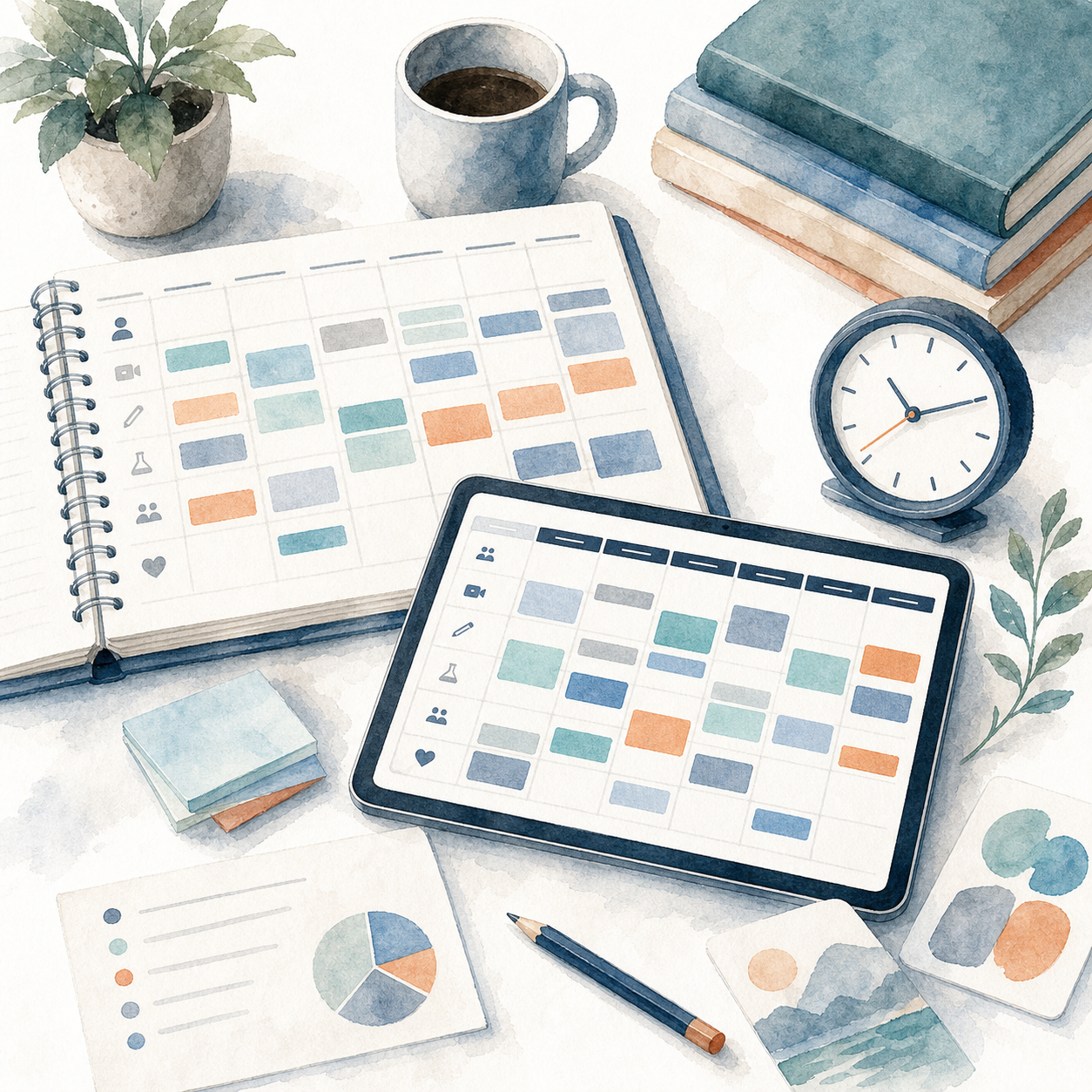 Watercolor illustration of a balanced microschool schedule