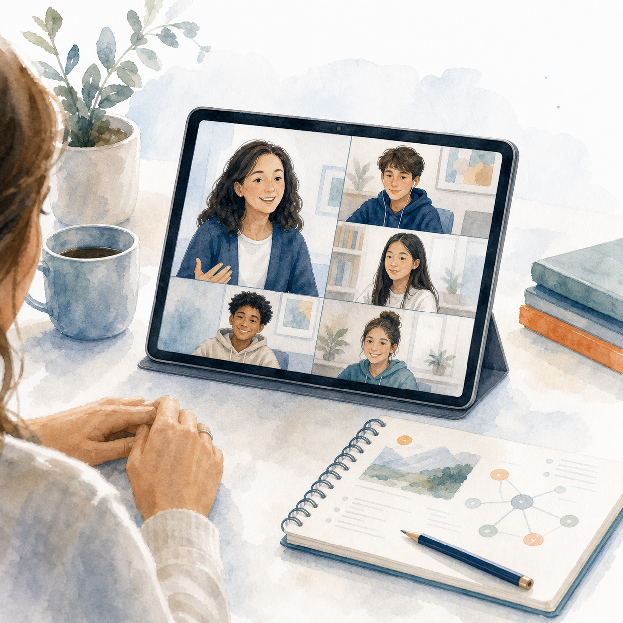 Watercolor illustration of a warm online microschool introduction